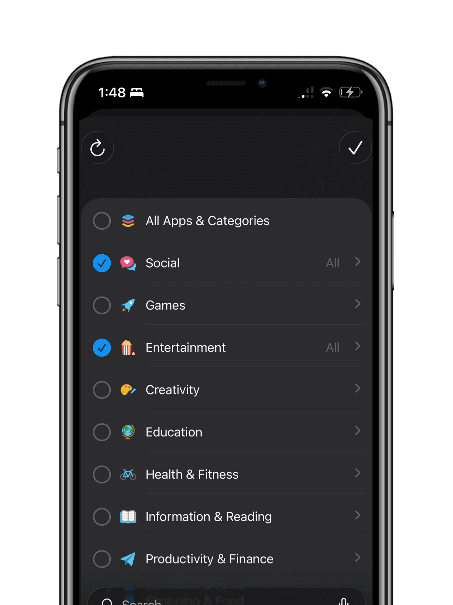 timeout. app screen for choosing distracting apps and categories