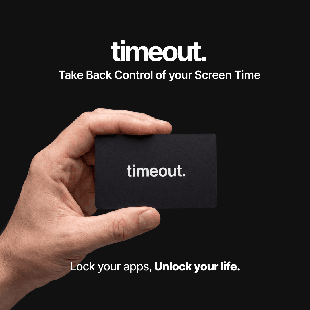 timeout. NFC card held in hand — Take back control of your screen time